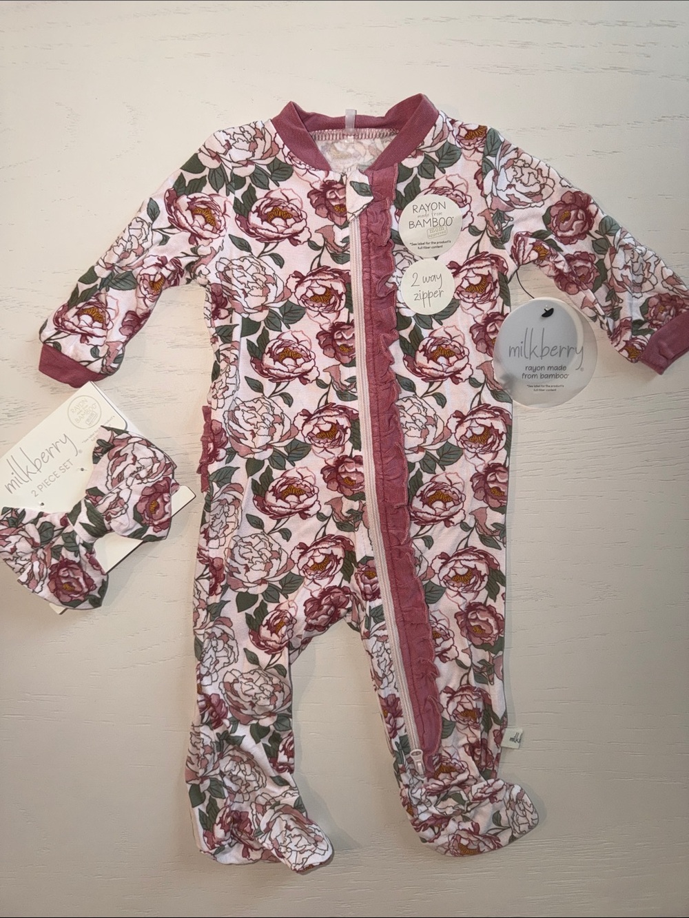 Milkberry Pink Floral Rose Ruffle Back Bamboo Footie Headband 0-3 3-6 6-9 months